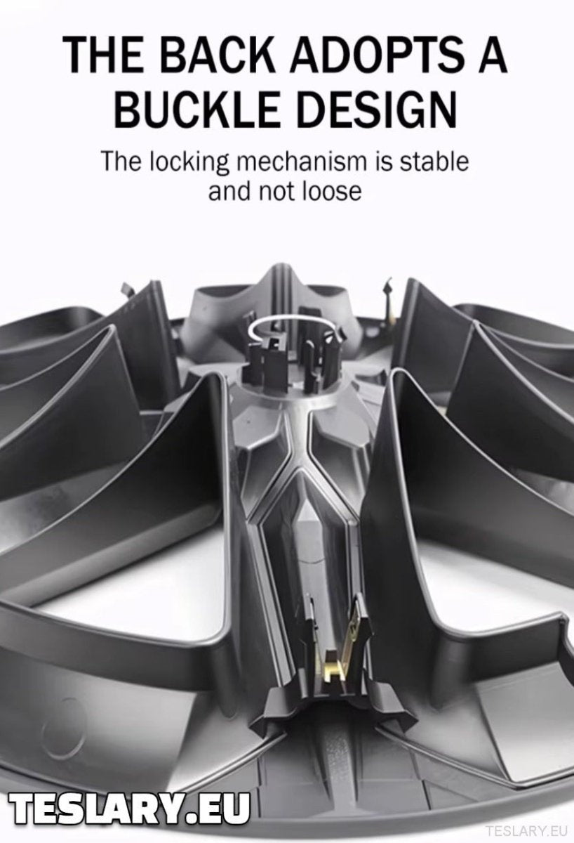 TESLA MODEL Y 19" UNIQUE S14 FULL COVER WHEEL HUBS BLACK & SILVER - TESLARY Tesla Shop Accessories Europe Nederlands Ireland Deutschland Espana Alicante France Italia