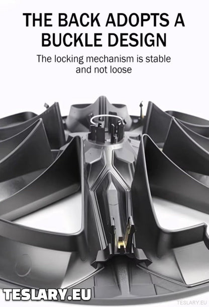 TESLA MODEL Y 19" UNIQUE S14 FULL COVER WHEEL HUBS BLACK & SILVER - TESLARY Tesla Shop Accessories Europe Nederlands Ireland Deutschland Espana Alicante France Italia