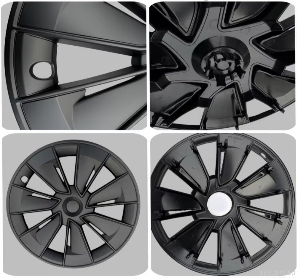 TESLA MODEL Y 19" UNIQUE S15 FULL COVER WHEEL HUBS BLACK & SILVER - TESLARY Tesla Shop Accessories Europe Nederlands Ireland Deutschland Espana Alicante France Italia