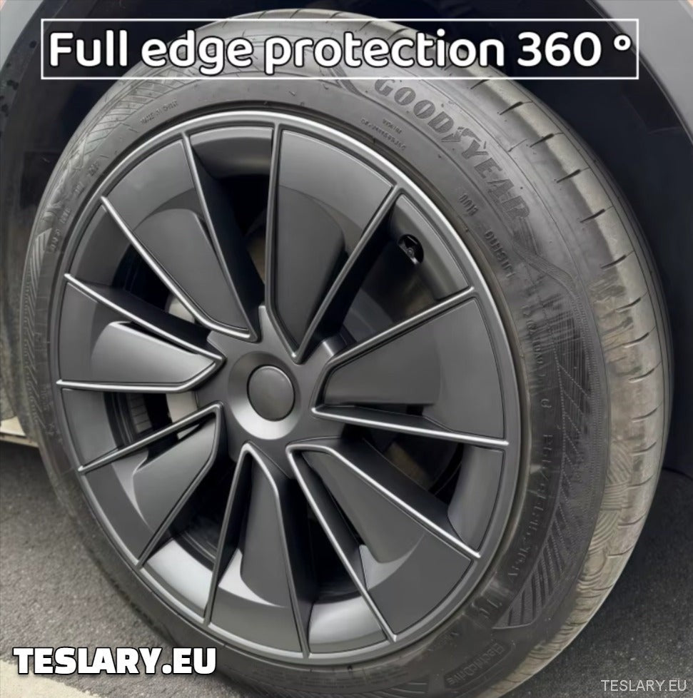 TESLA MODEL Y 19" UNIQUE S15 FULL COVER WHEEL HUBS BLACK & SILVER - TESLARY Tesla Shop Accessories Europe Nederlands Ireland Deutschland Espana Alicante France Italia