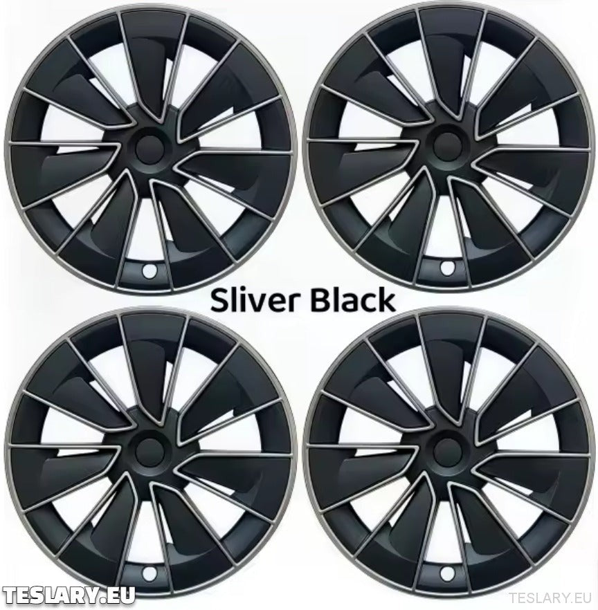TESLA MODEL Y 19" UNIQUE S15 FULL COVER WHEEL HUBS BLACK & SILVER - TESLARY Tesla Shop Accessories Europe Nederlands Ireland Deutschland Espana Alicante France Italia