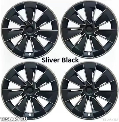 TESLA MODEL Y 19" UNIQUE S15 FULL COVER WHEEL HUBS BLACK & SILVER - TESLARY Tesla Shop Accessories Europe Nederlands Ireland Deutschland Espana Alicante France Italia