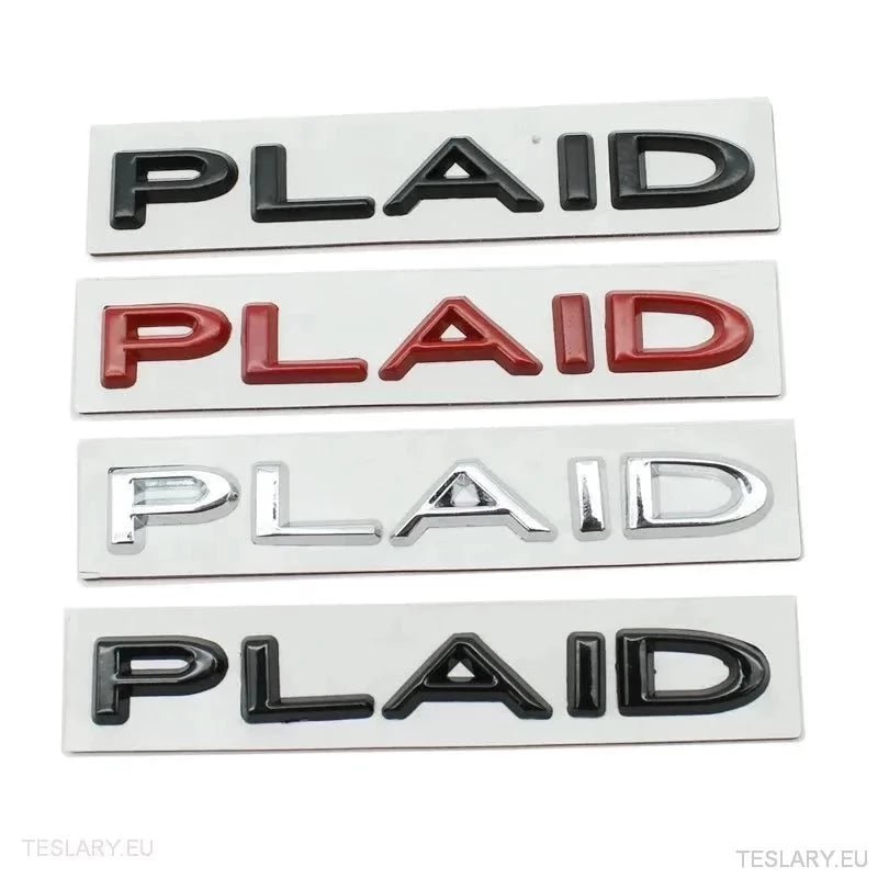 TESLA " PLAID " REAR LOGO EMBLEM IN CHROME & RED - TESLARY Tesla Shop Accessories Europe Nederlands Ireland Deutschland Espana Alicante France Italia