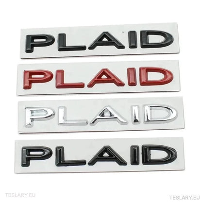 TESLA " PLAID " REAR LOGO EMBLEM IN CHROME & RED - TESLARY Tesla Shop Accessories Europe Nederlands Ireland Deutschland Espana Alicante France Italia
