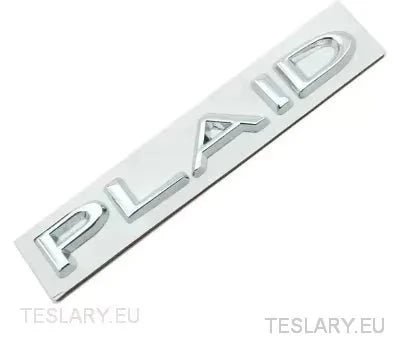 TESLA " PLAID " REAR LOGO EMBLEM IN CHROME & RED - TESLARY Tesla Shop Accessories Europe Nederlands Ireland Deutschland Espana Alicante France Italia