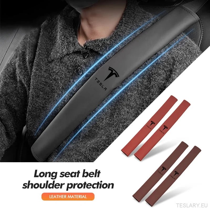 Tesla Seat Belt Comfort Pad - Premium Leather Shoulder Strap Cover with Logo - TESLARY Tesla Shop Accessories Europe Nederlands Ireland Deutschland Espana Alicante France Italia