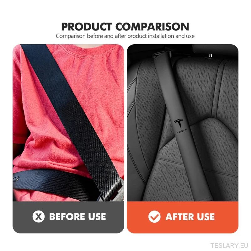 Tesla Seat Belt Comfort Pad - Premium Leather Shoulder Strap Cover with Logo - TESLARY Tesla Shop Accessories Europe Nederlands Ireland Deutschland Espana Alicante France Italia